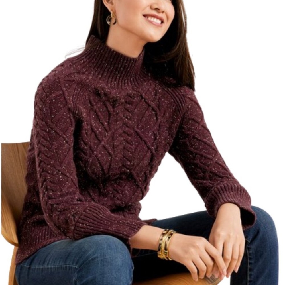 Burgundy Cable Knit Mock Neck Sweater